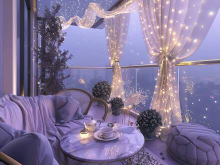 Jak urządzić balkon w stylu glamour z lampami LED w pastelowych odcieniach