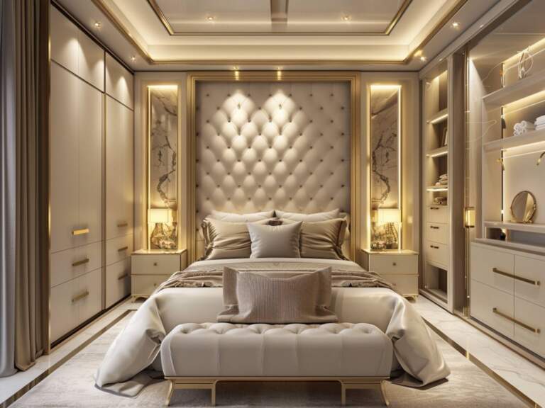 10 inspiracji na urządzenie sypialni glamour z funkcjonalnymi meblami.