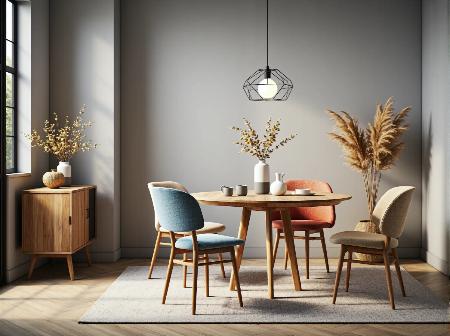 Skandynawskie wnętrze jadalni z błękitnymi zasłonami i designerską lampą.