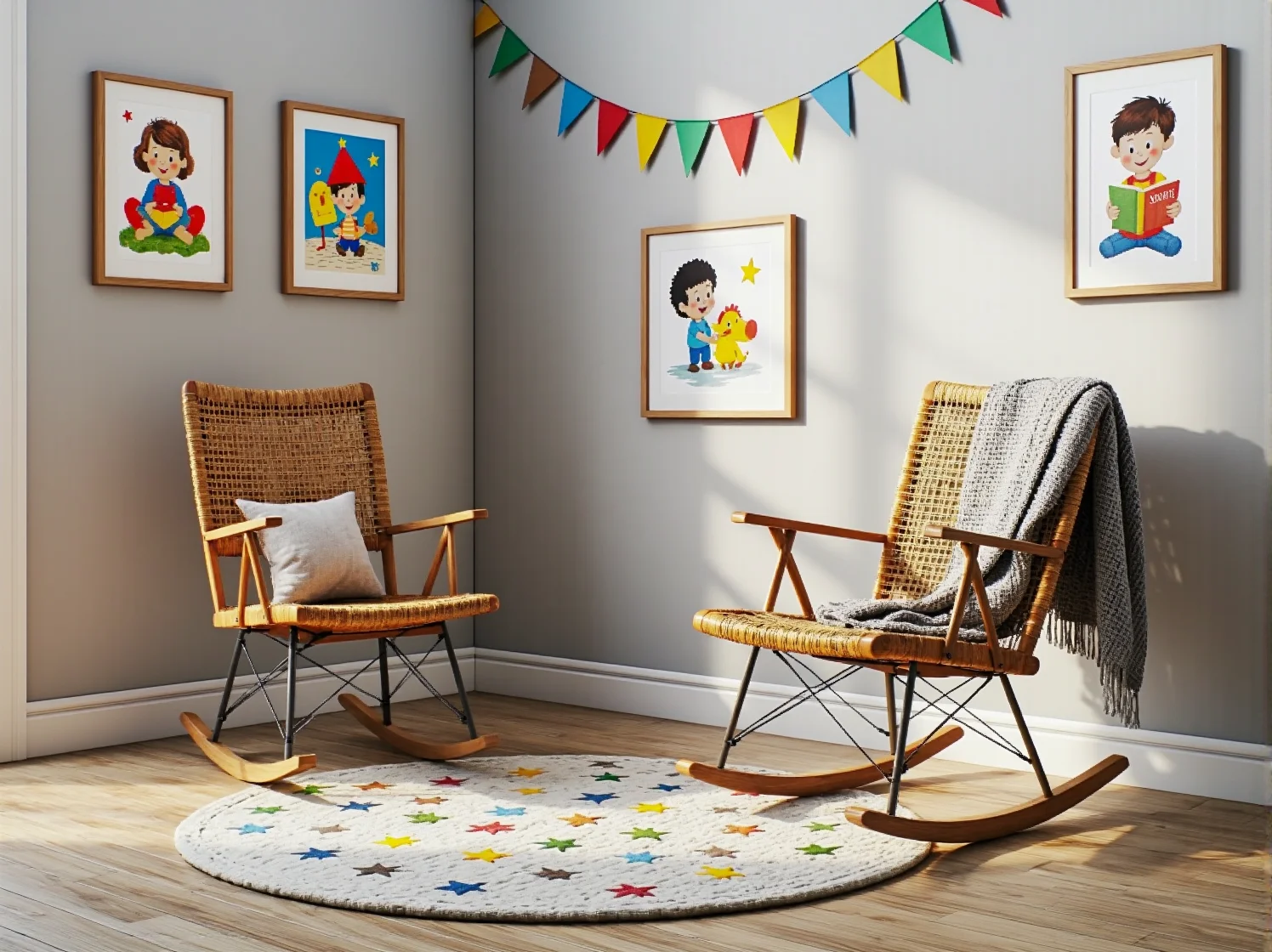 Aranżacja małego pokoju dla dziecka z tapetą w geometryczne wzory retro.