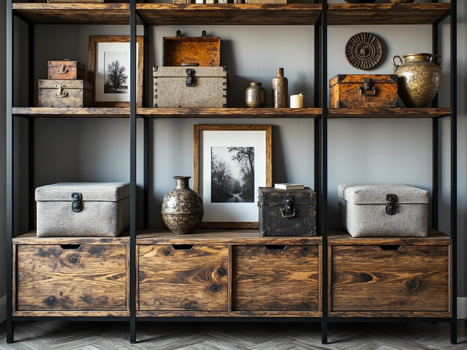 Aranżacja półek na regale w stylu retro z książkami, roślinami i dekoracjami