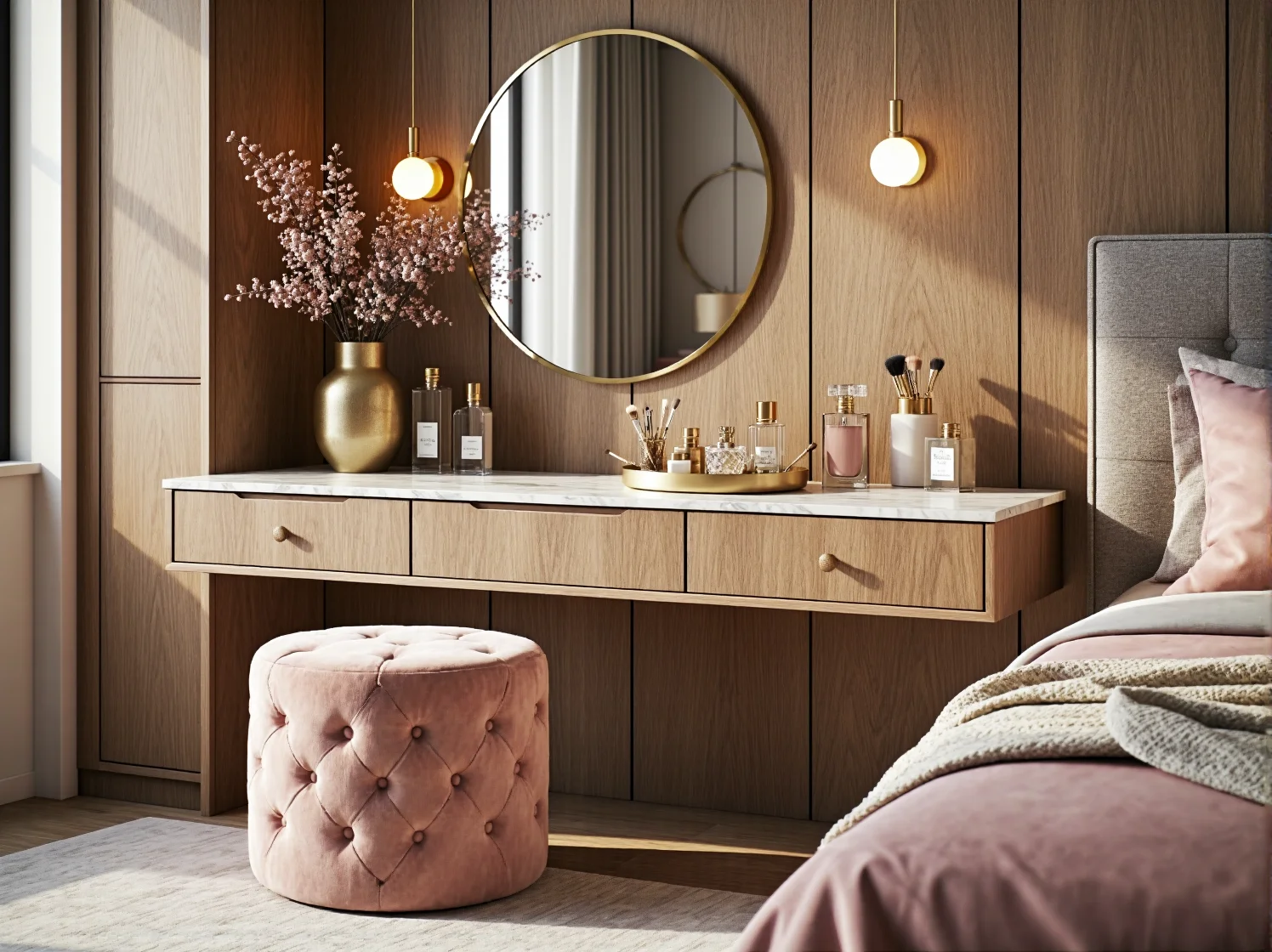 Sypialnia w stylu glamour ze złotymi dodatkami i oświetleniem