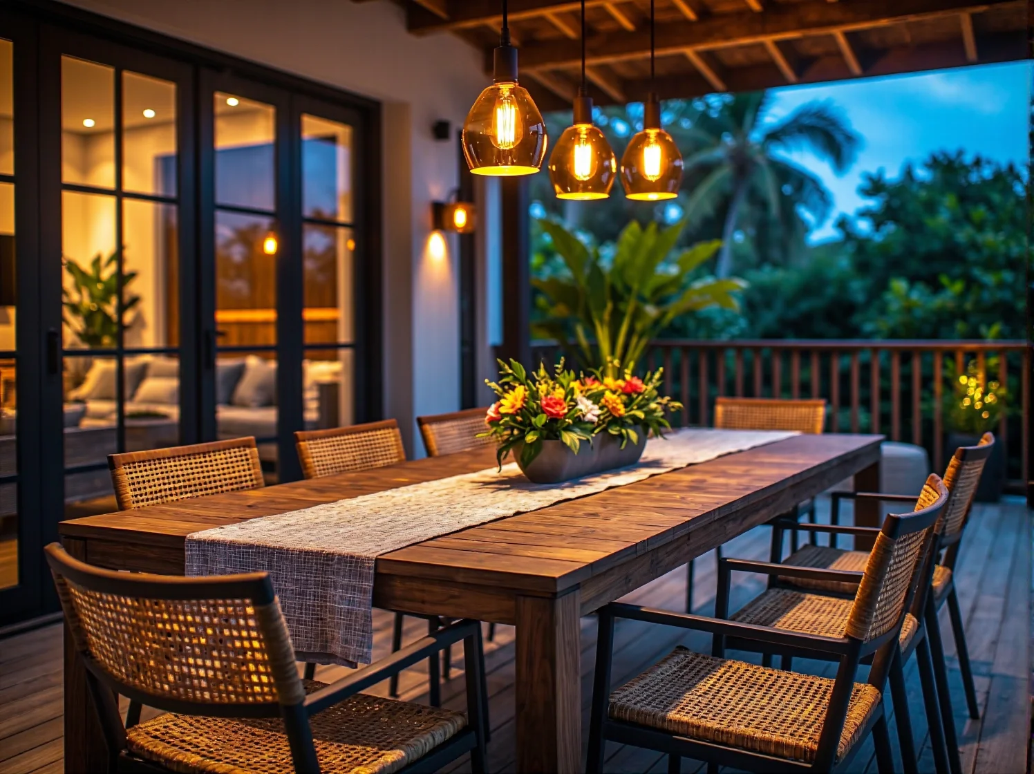 Drewniane dodatki i donice z palmami w aranżacji kolonialnego kącika wypoczynkowego.