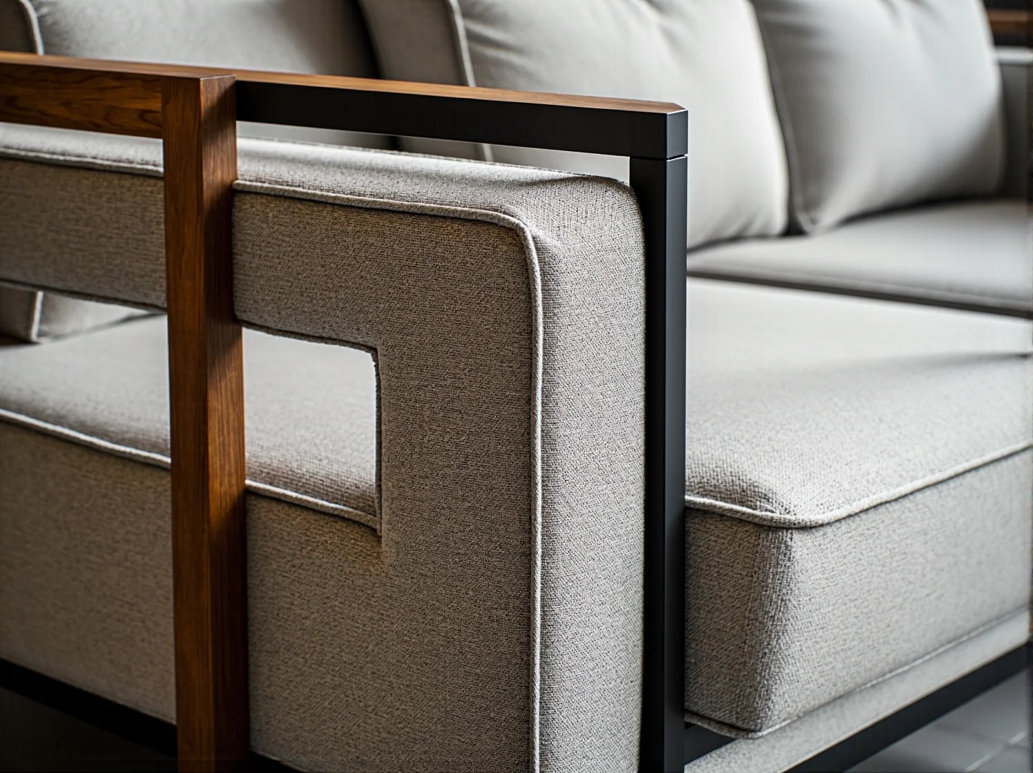 Kącik wypoczynkowy na tarasie loft z ceglaną ścianą, szarymi tekstyliami i czarnym oświetleniem LED.