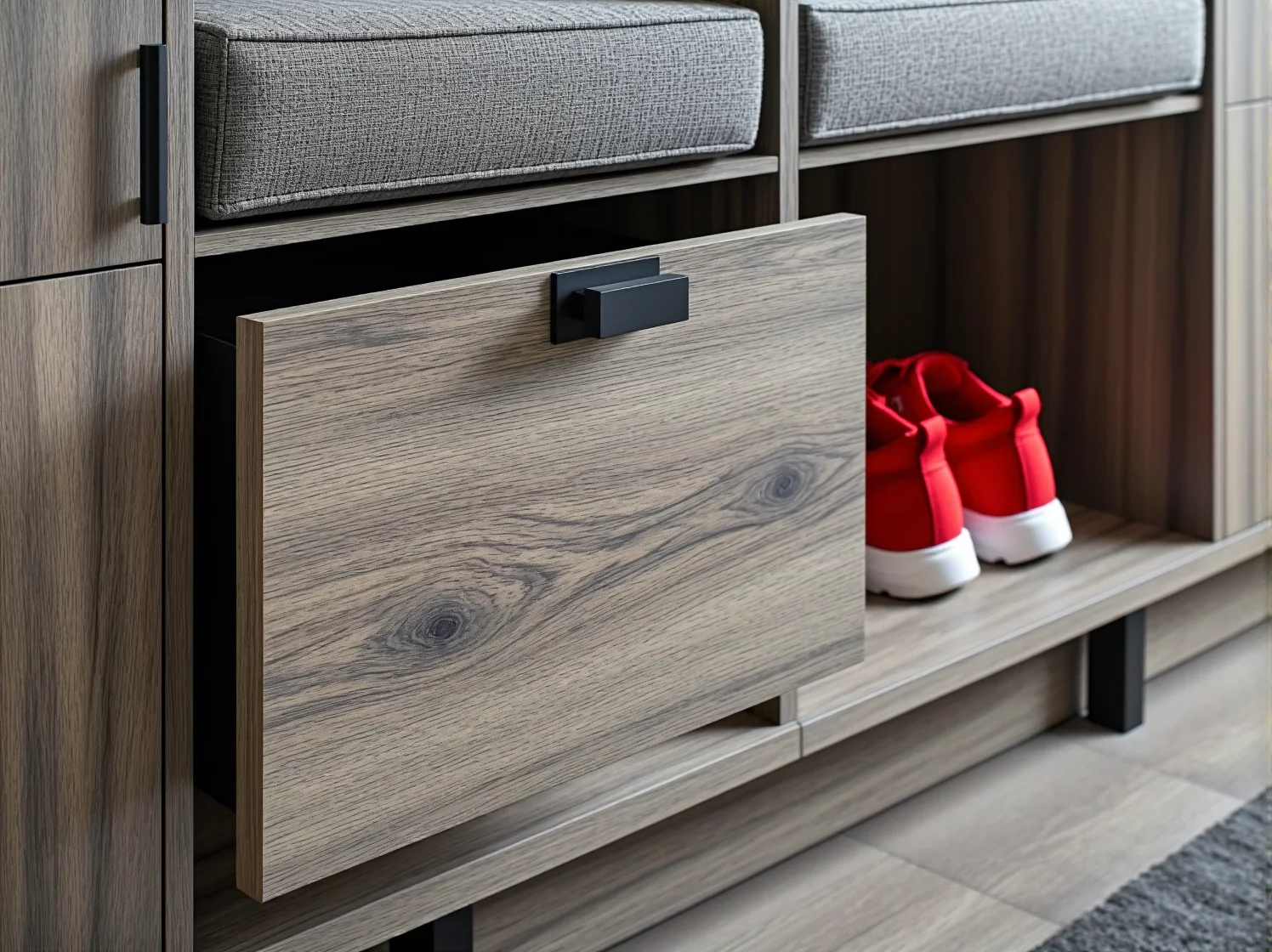 Biała szafka na buty powiększająca optycznie mały korytarz.