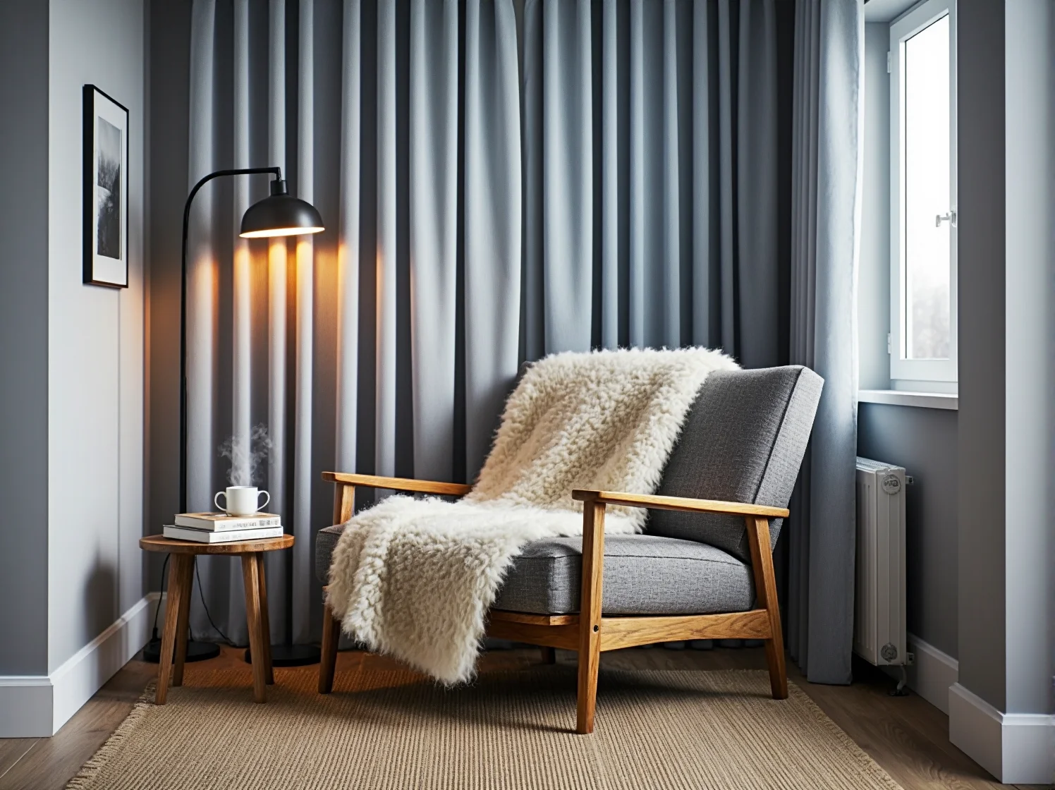 Zwiewne białe firany i pastelowe zasłony w nowoczesnym wnętrzu skandynawskim