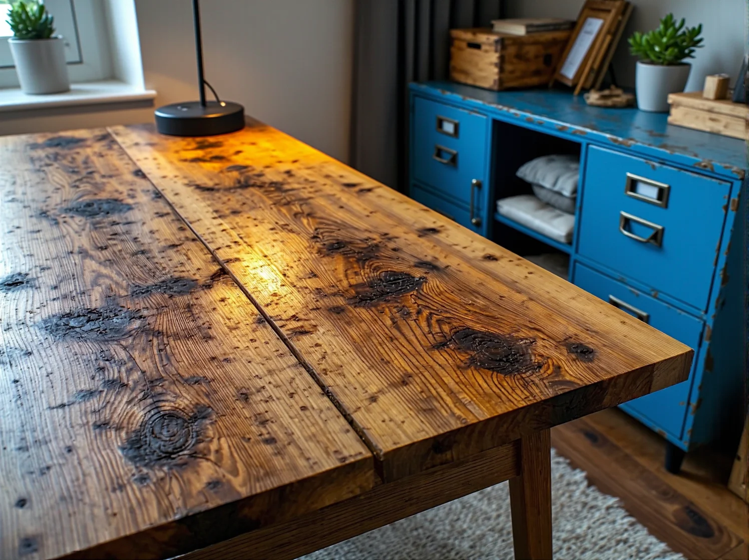 Biurka wykonane z odzyskanego drewna w biurze open space, łączące design z ekologią.