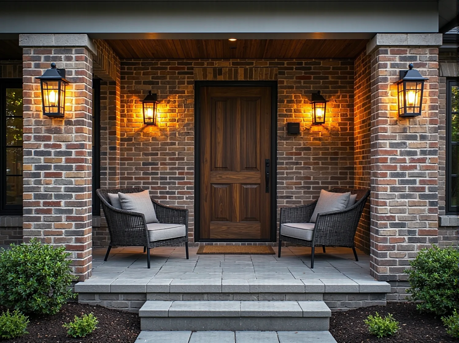 Ciepła barwa światła lampy zewnętrznej wydobywająca kolor cegły.