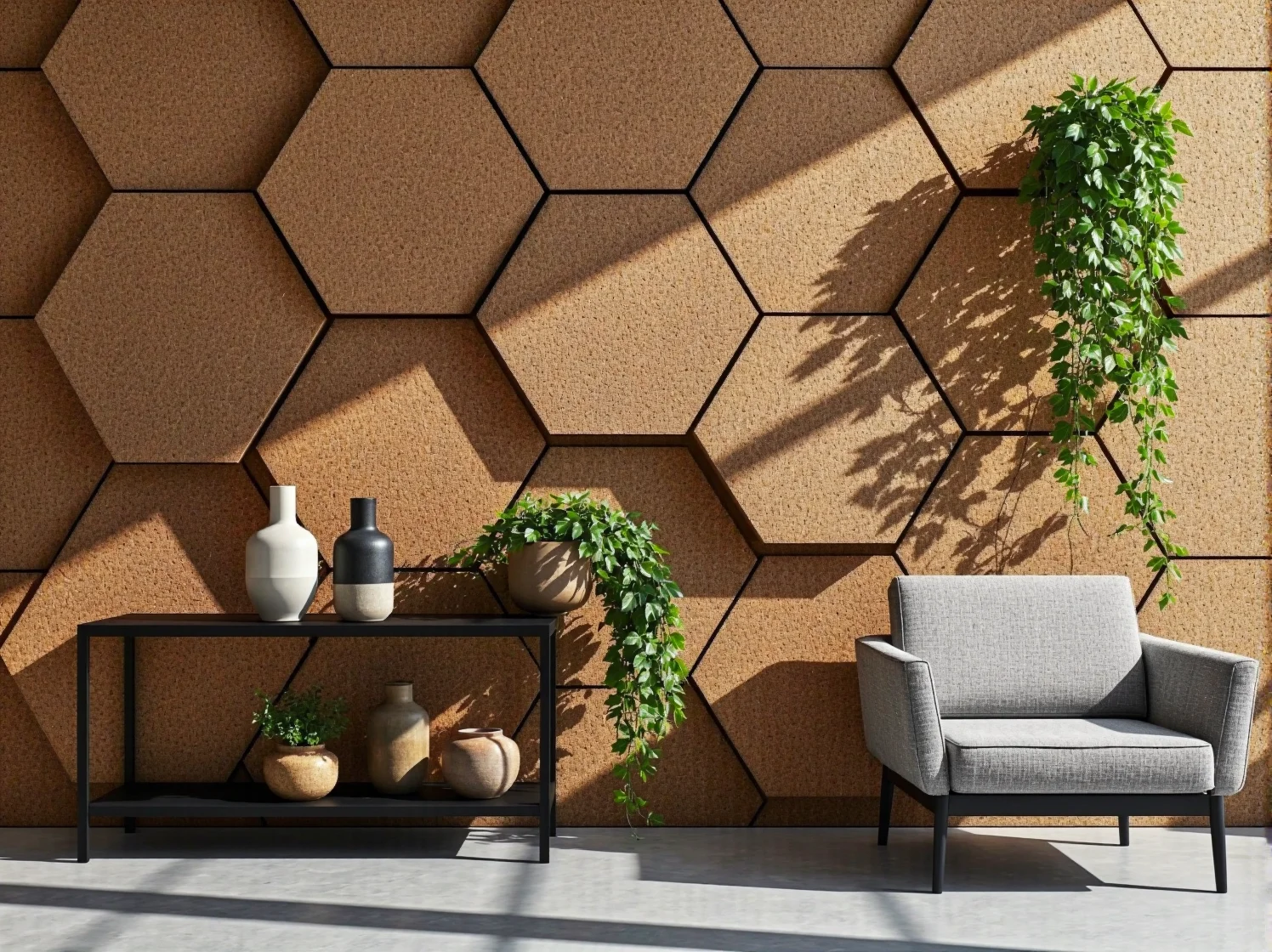 Ściana z żywego mchu i naturalne drewno jako elementy designu biofilicznego w coworkingu.