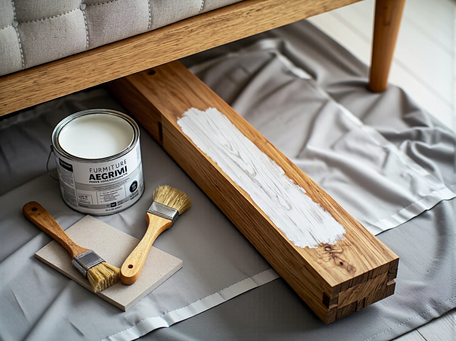 Detale bielonego drewna na ramie łóżka w stylu skandynawskim zbliżenie.