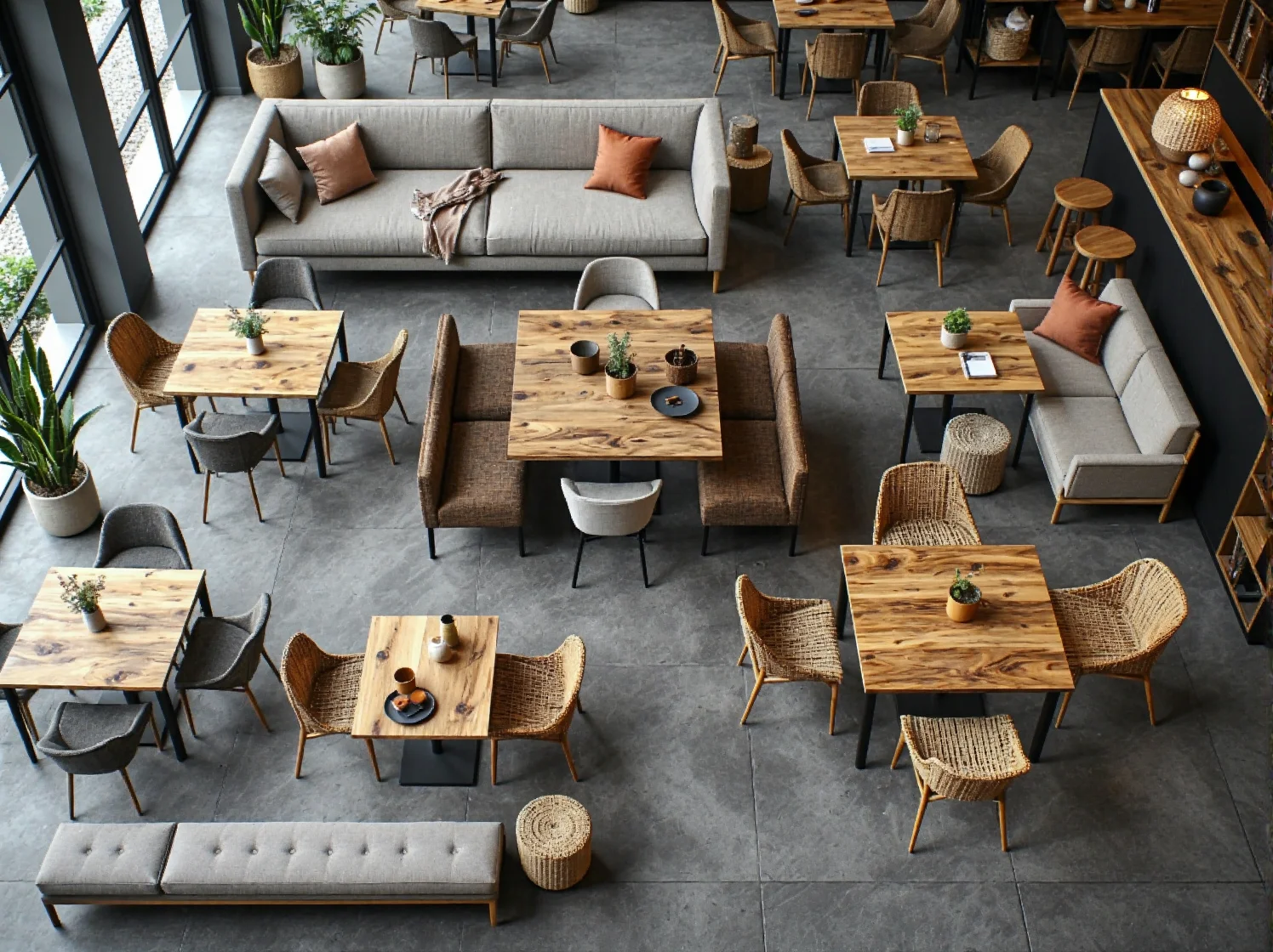 Kolorowe poduszki w etniczne wzory i artystyczne dodatki w strefie wypoczynkowej restauracji.