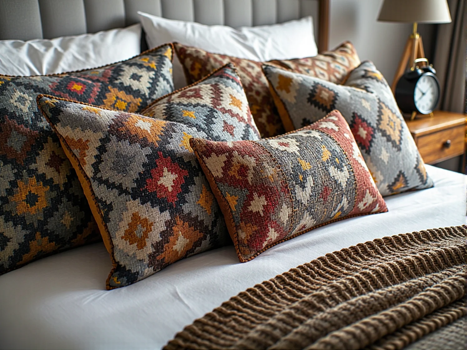 Dodatki w stylu retro: lampa z abażurem i gramofon na stoliku nocnym