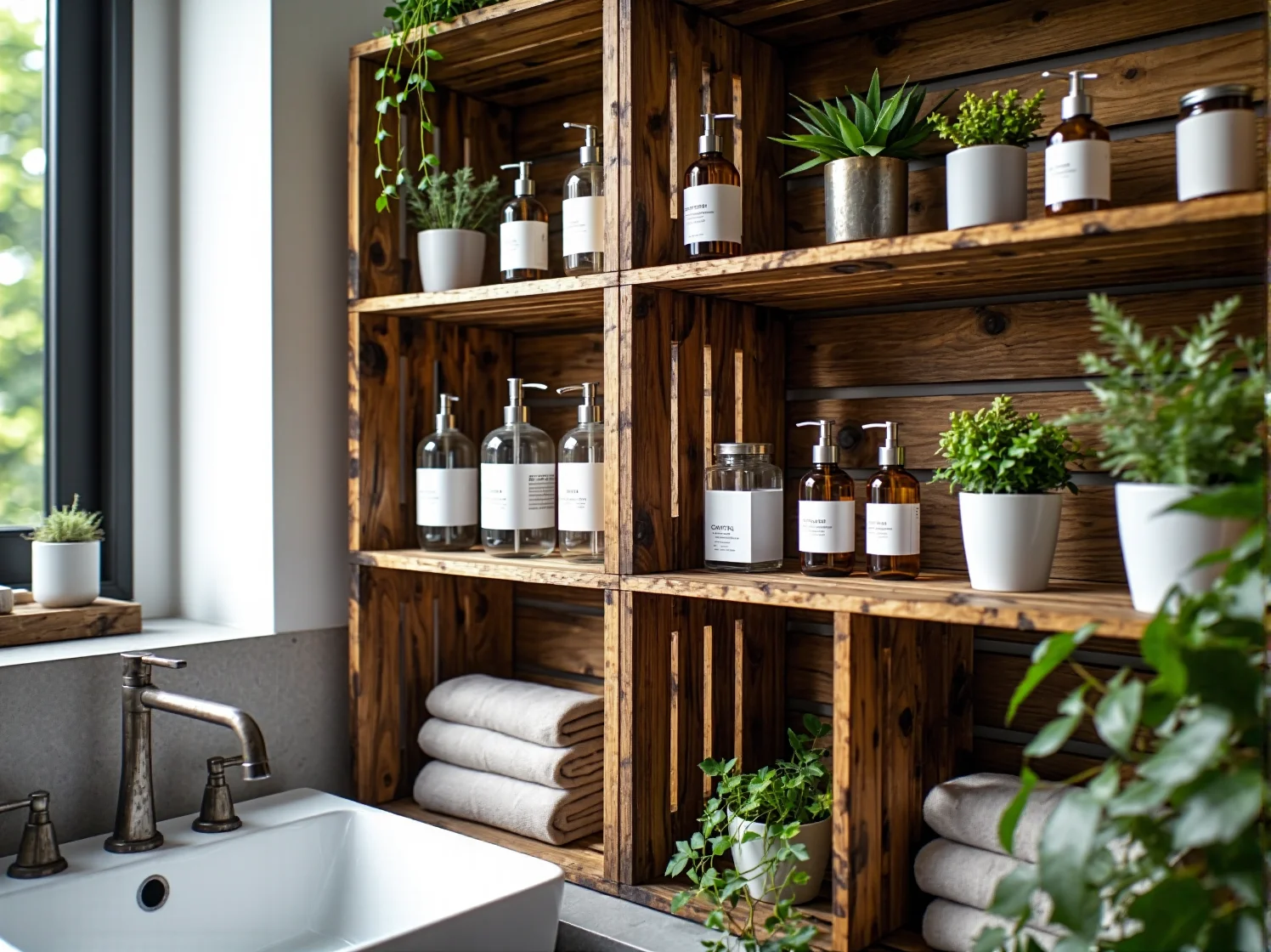Drewniana drabina jako regał na ręczniki w łazience. Kreatywne wykorzystanie materiałów z odzysku w aranżacji.
