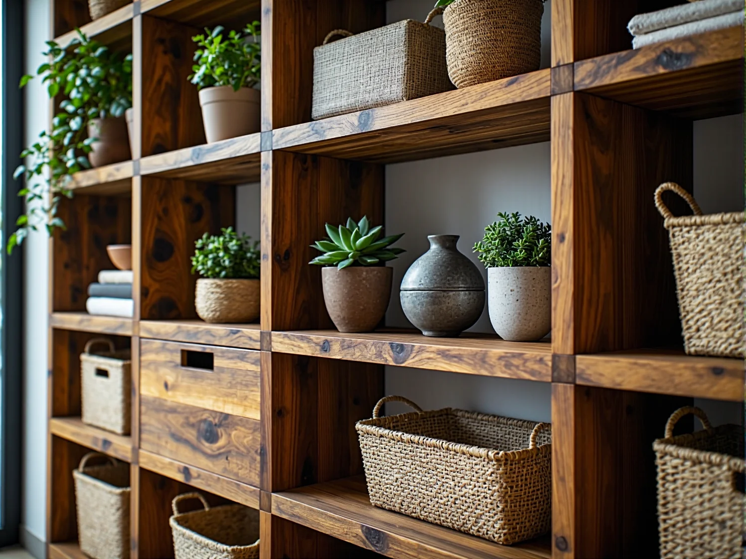 Detal naturalnych tkanin i drewnianych mebli w ekologicznej aranżacji małego pokoju.