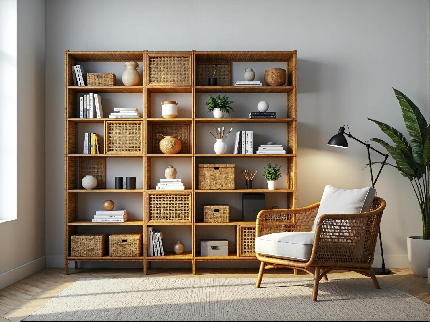 Minimalistyczny regał z certyfikowanego drewna FSC w jasnym wnętrzu.