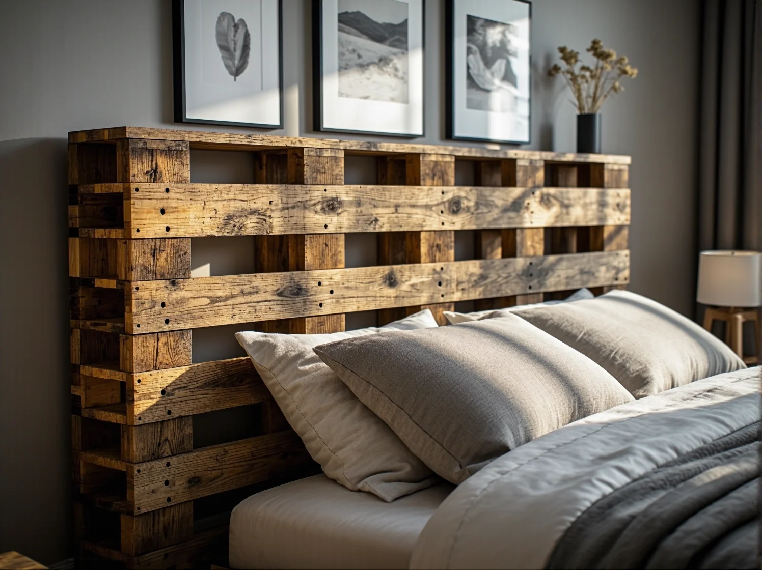 Ekologiczna jadalnia z dużym stołem z desek rozbiórkowych i krzesłami z recyklingu.