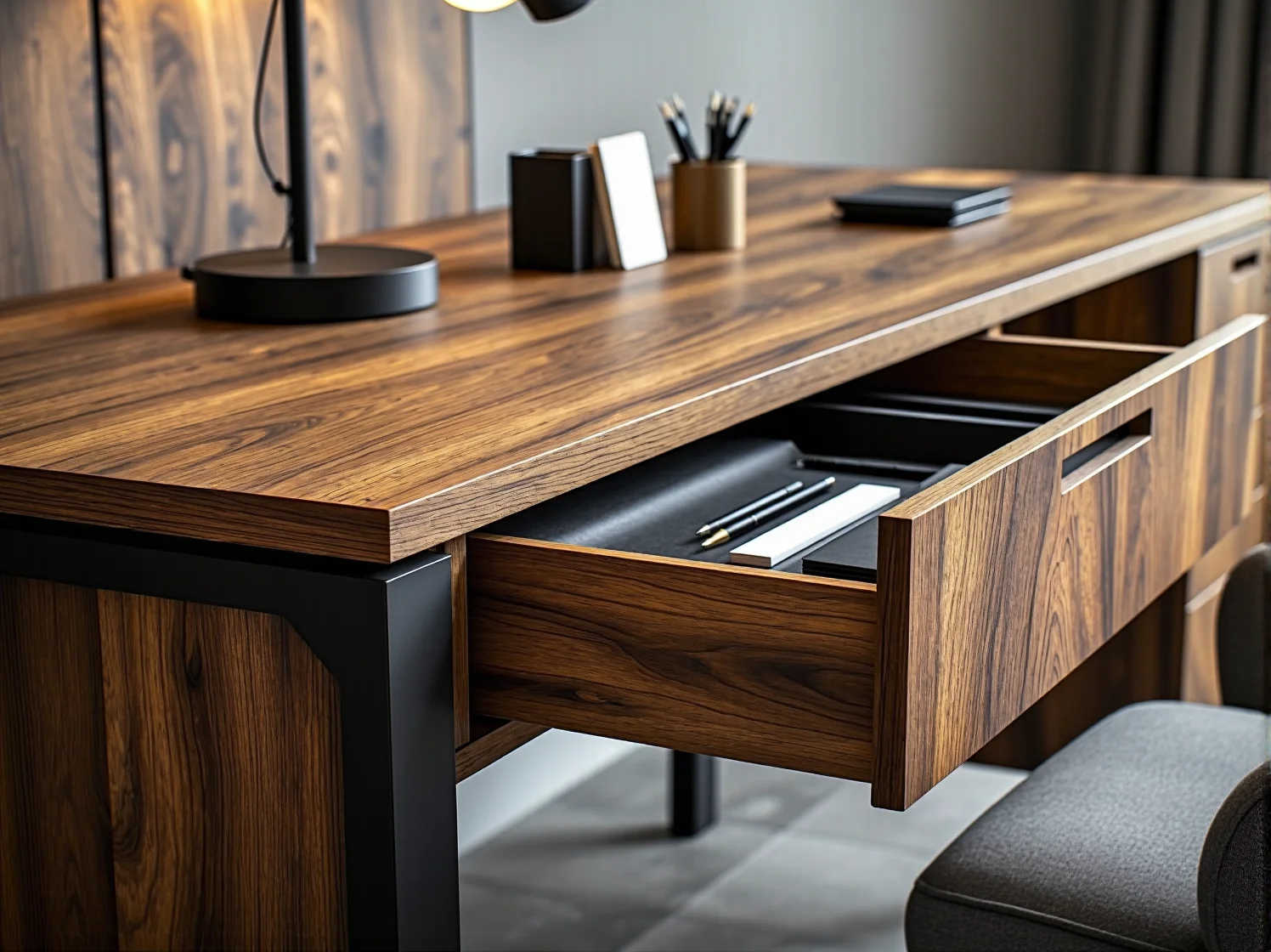 Nowoczesne biurko gabinetowe o unikalnym designie w eleganckim wnętrzu