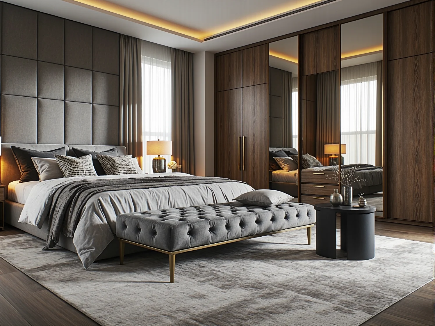 Pikowana ławka i toaletka w nowoczesnej aranżacji sypialni