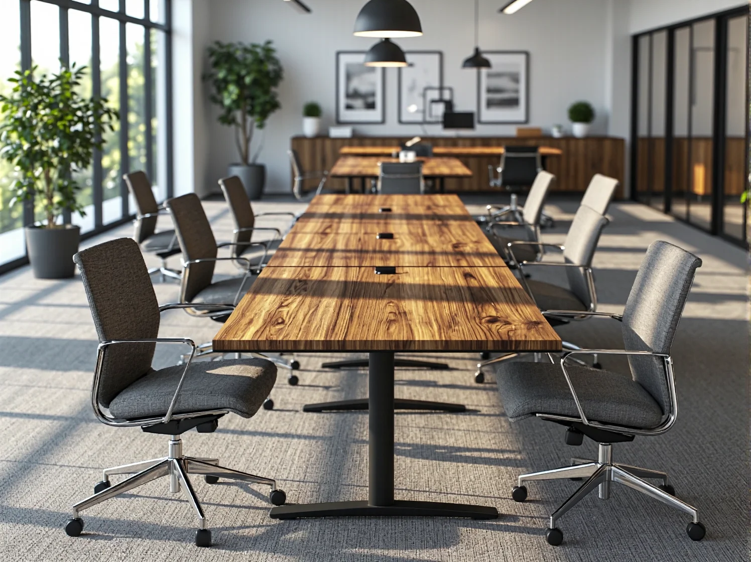 Długi stół konferencyjny dąb craft z czarną metalową podstawą