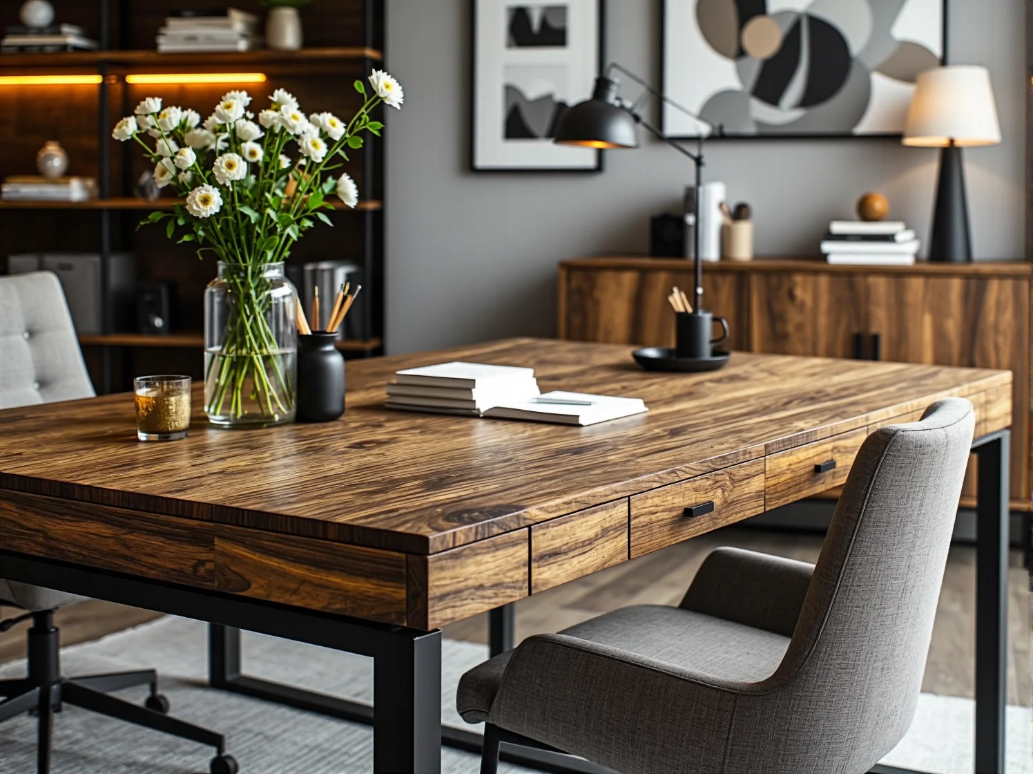 Ergonomiczny fotel biurowy przy stylowym stanowisku pracy w domu