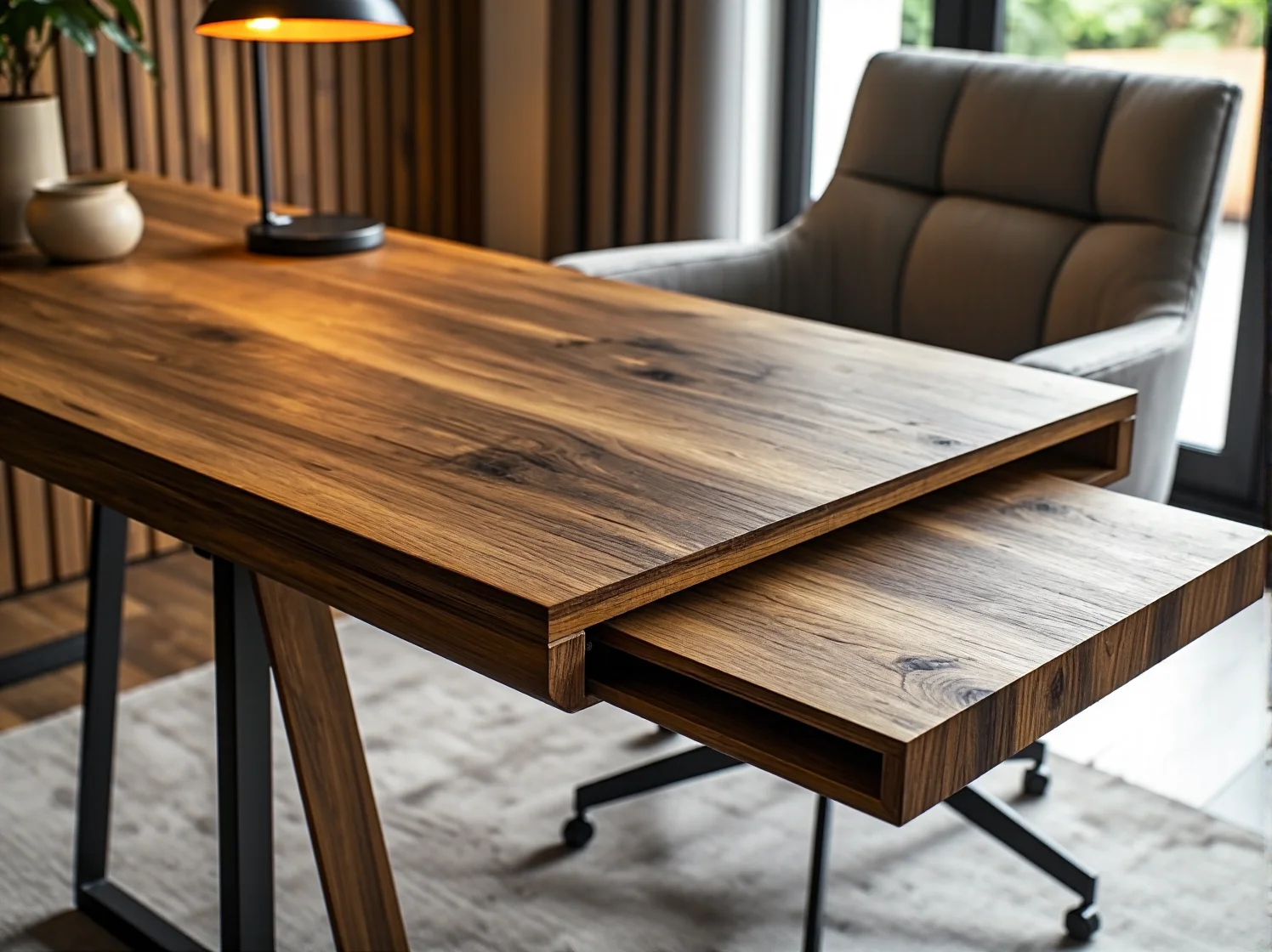 Ergonomiczne duże biurko z drewnianym blatem w luksusowym biurze open space