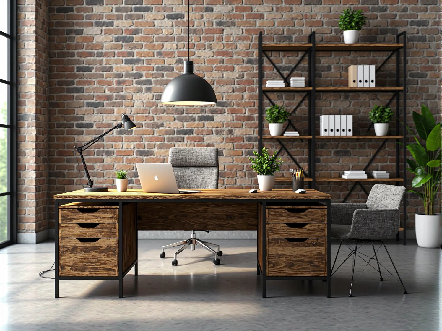 Aranżacja przestrzeni biurowej z otwartymi regałami loftowymi pełniącymi funkcję ścianki działowej