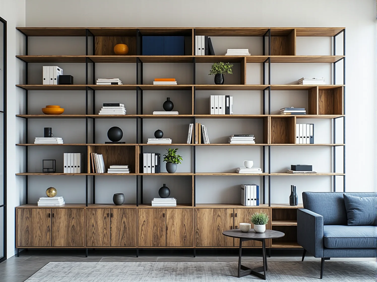 Funkcjonalne półki w regale biurowym pomagające w organizacji dokumentów i segregatorów w miejscu pracy.