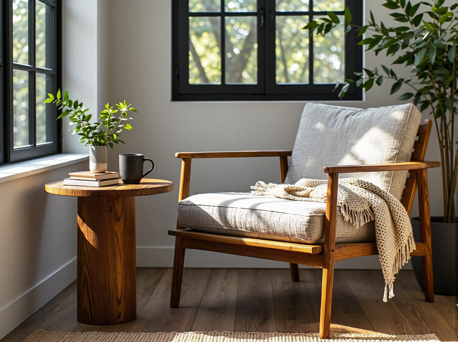 Wielofunkcyjne meble z naturalnych surowców oszczędzające miejsce w małym wnętrzu.