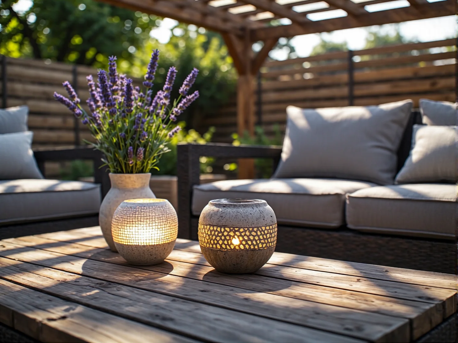 Girlanda solarna o ciepłym świetle dekorująca drewnianą pergolę wieczorem.