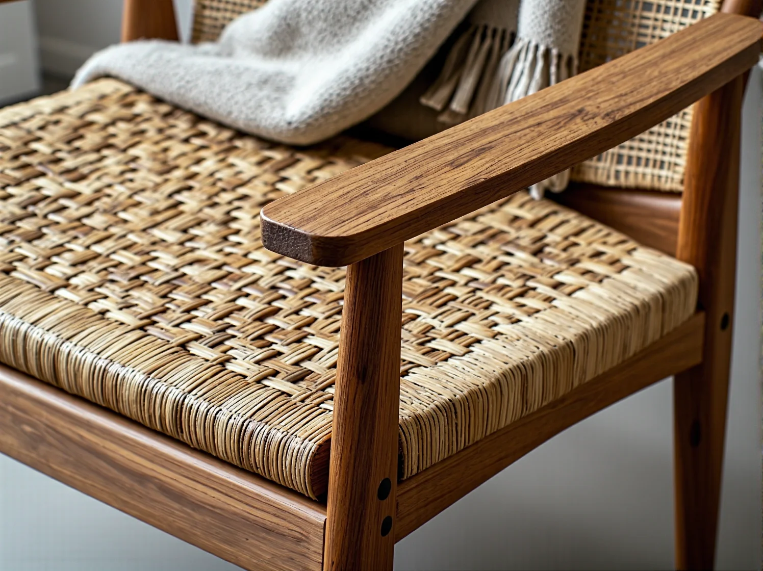 Odkurzanie fotela rattanowego miękką szczotką, aby usunąć kurz ze szczelin plecionki