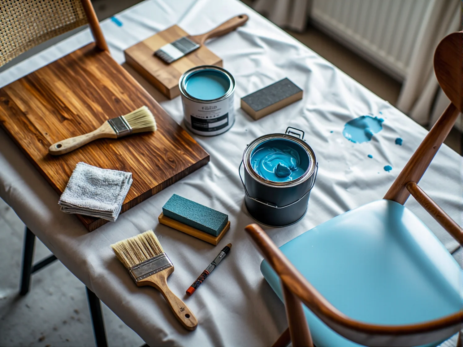 Malowanie mebli lakierowanych farbą renowacyjną wałkiem gąbkowym