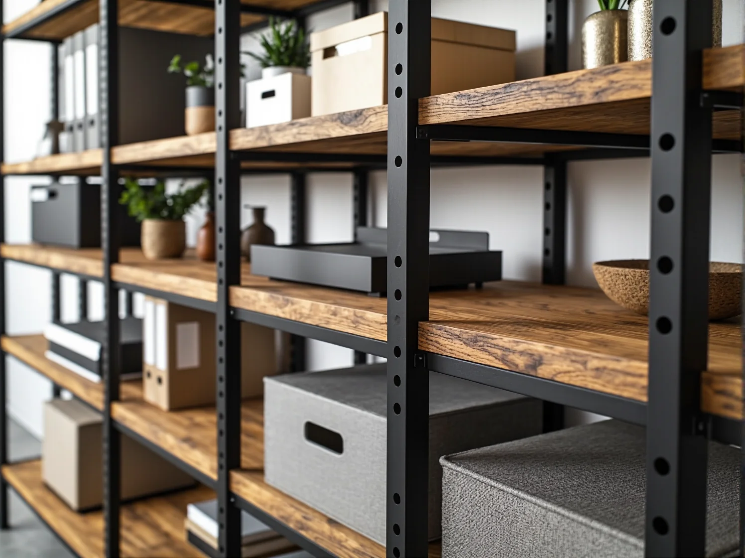 Zbliżenie na solidną stalową ramę i dębowe półki regału w stylu loftowym