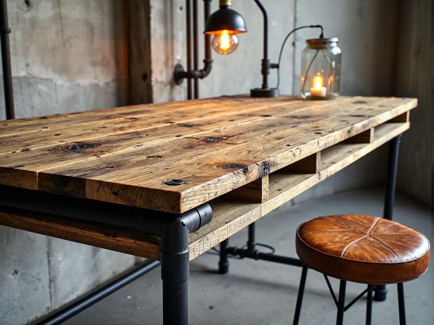 Wygodna kanapa z europalet w industrialnym wnętrzu z ceglaną ścianą