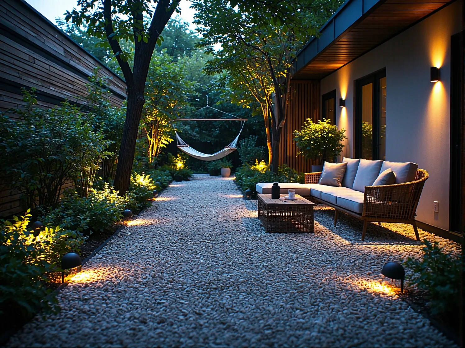 Klimatyczne girlandy świetlne na tarasie tworzące przytulną atmosferę dla letniego wypoczynku.