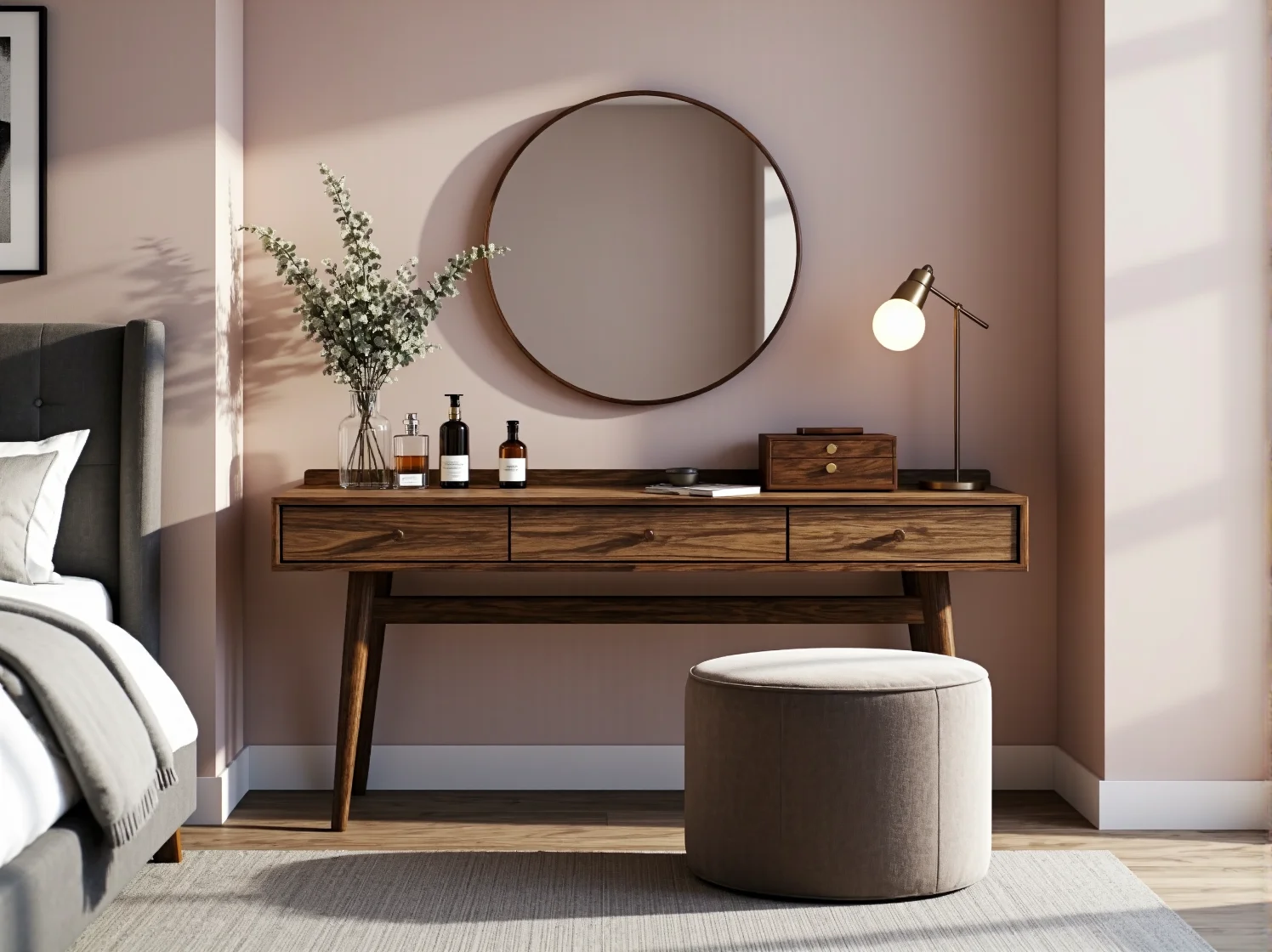 Kolorystyka sypialni retro: musztardowe dodatki i butelkowa zieleń we wnętrzu