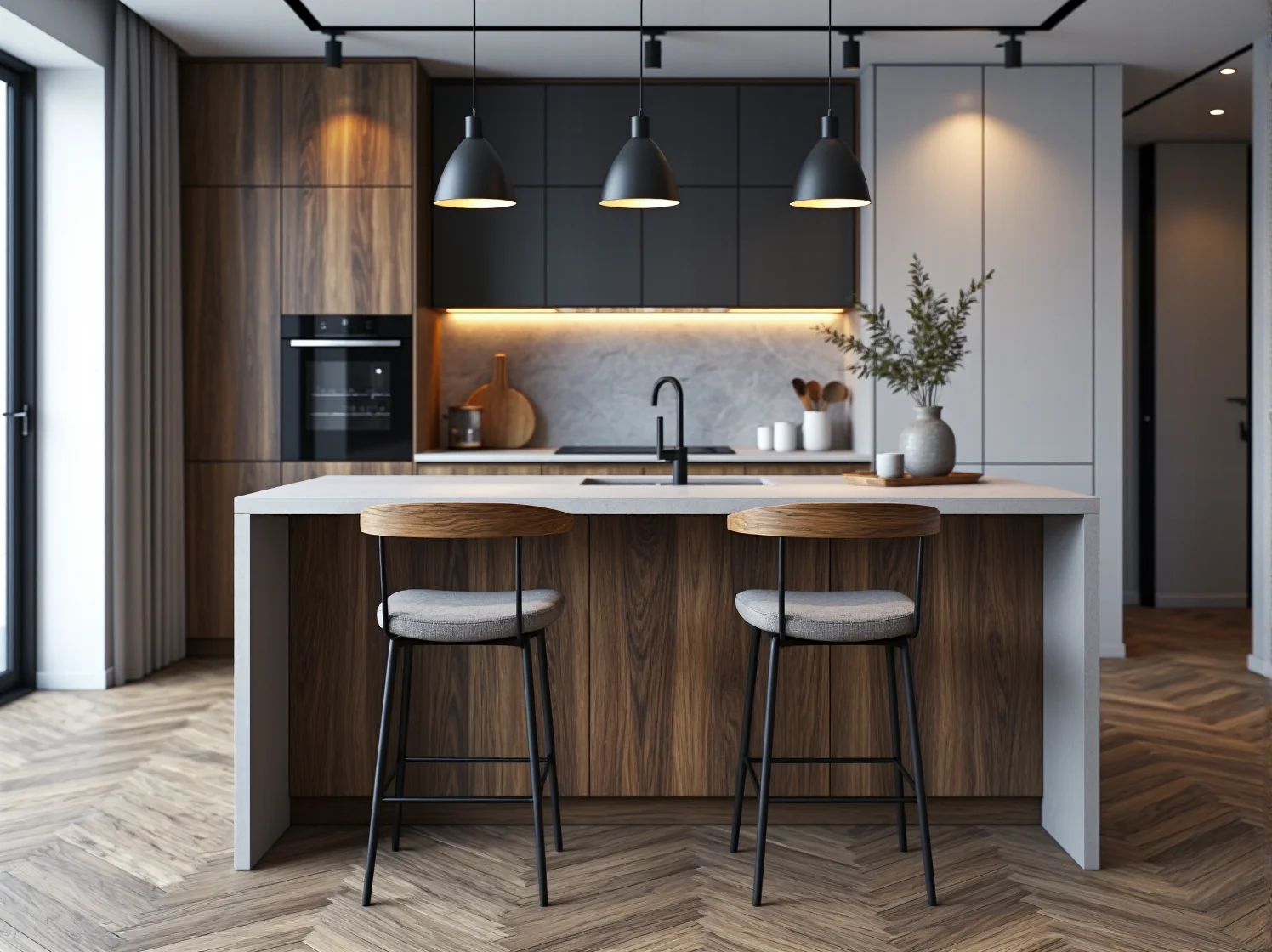 Nowoczesne hokery barowe dąb z szarą tapicerką i czarnymi nogami