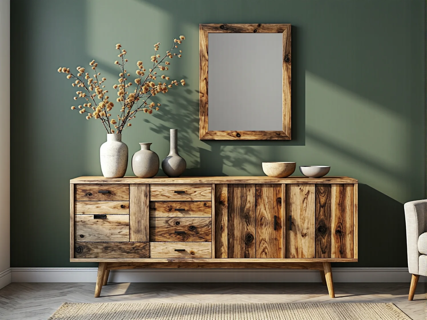 Plecione krzesła rattanowe przy drewnianym stole w stylu boho.