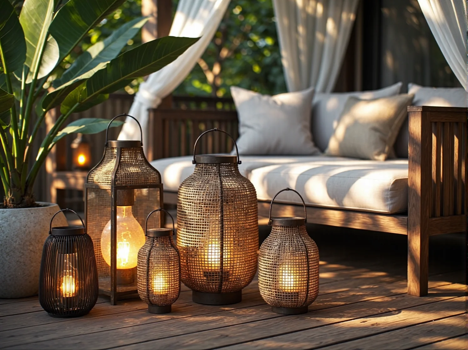 Wiszące lampiony i girlandy LED o ciepłej barwie tworzące przytulny klimat na tarasie.