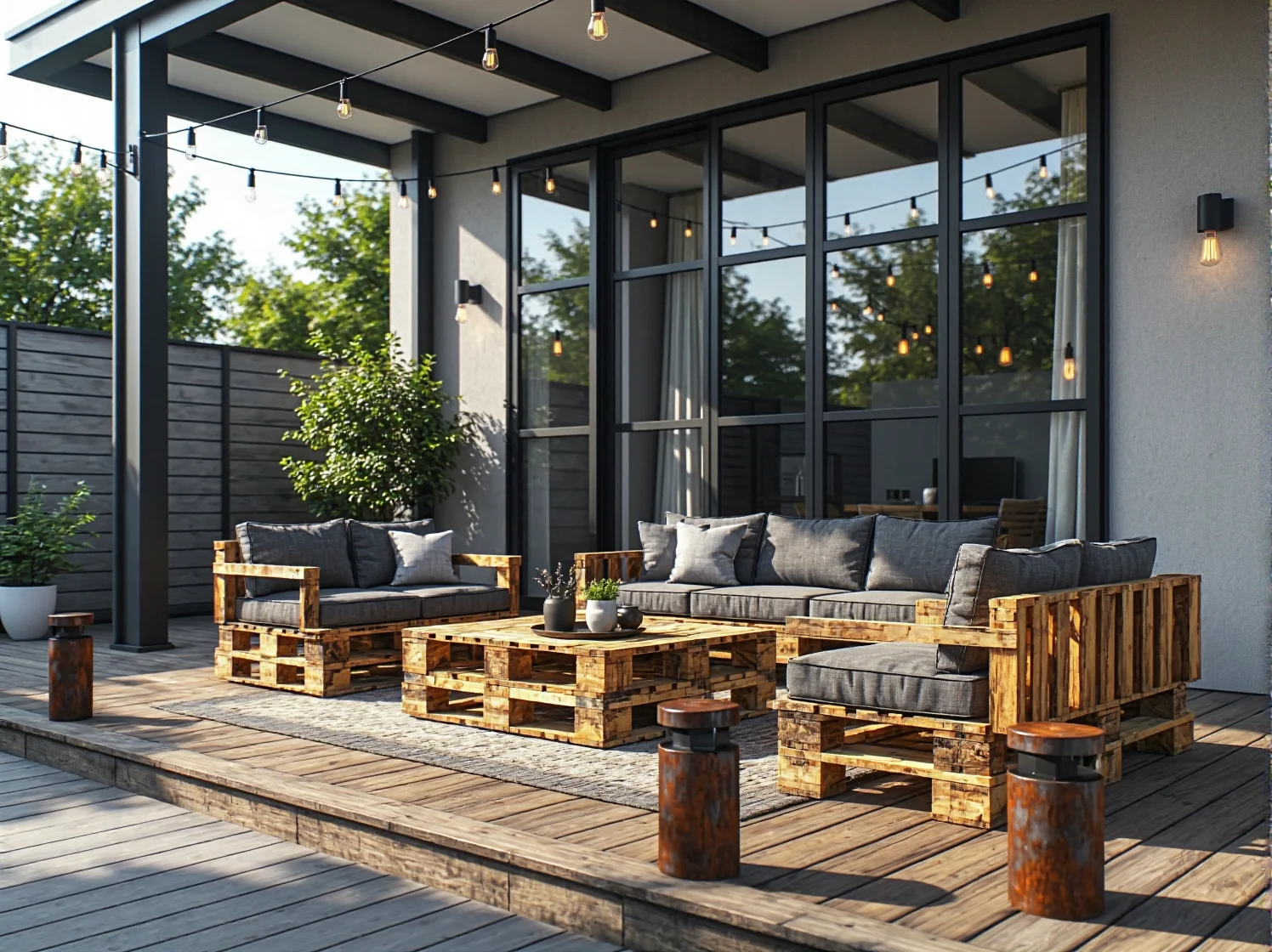 Podświetlona elewacja domu w stylu loftowym z użyciem lamp industrialnych o ciepłej barwie