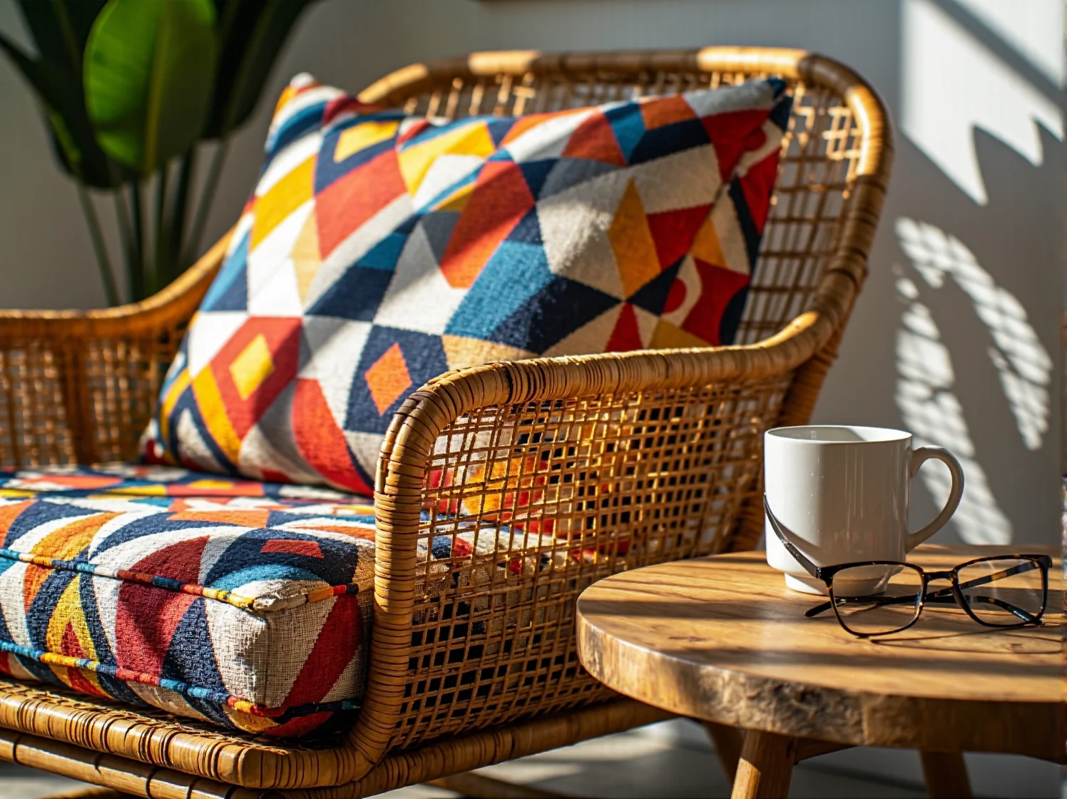 Wiklinowy fotel i ażurowy stolik kawowy w małym pokoju dziennym