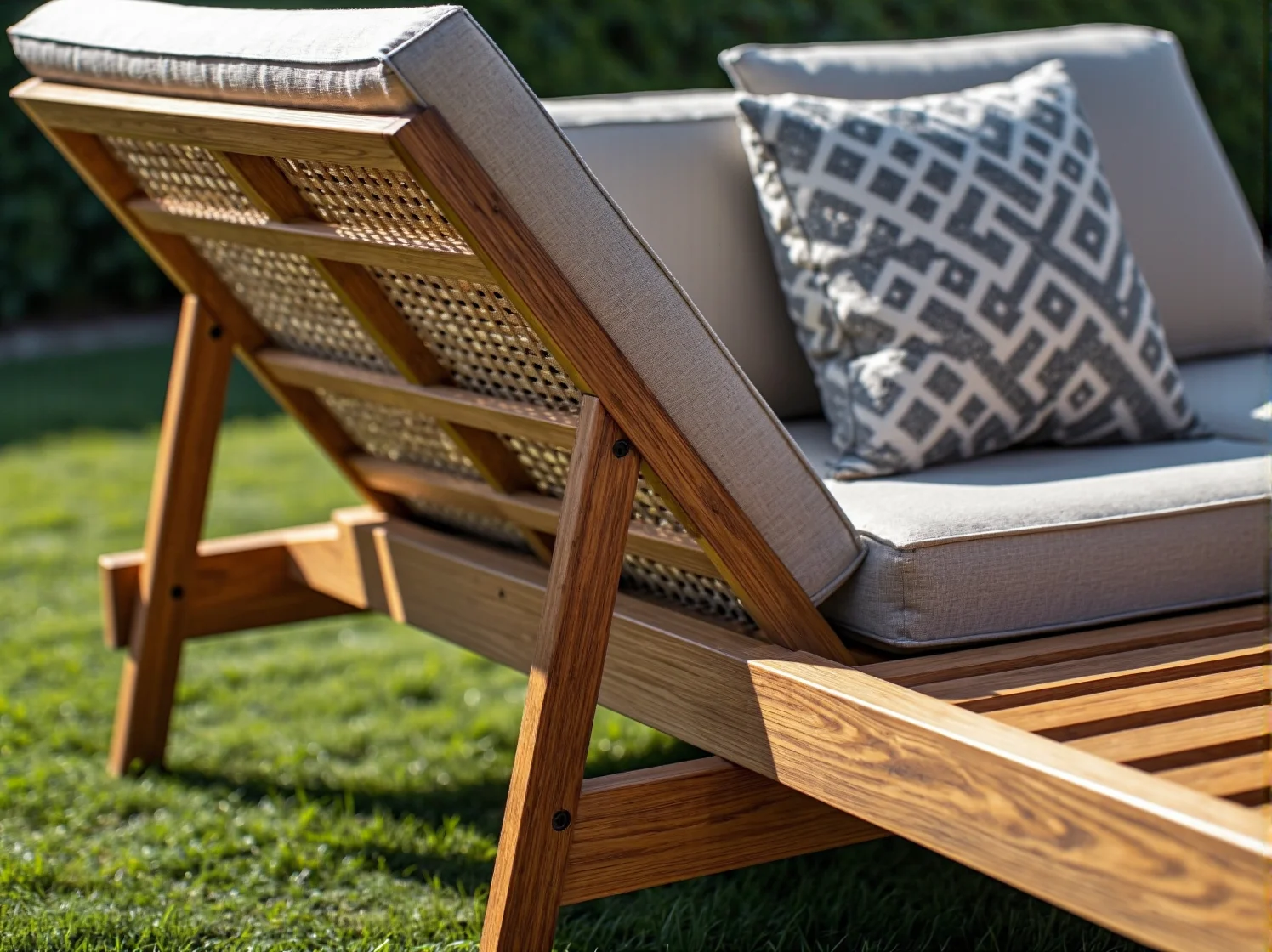 Wytrzymały leżak z technorattanu z miękką poduszką, odporny na zmienne warunki atmosferyczne.