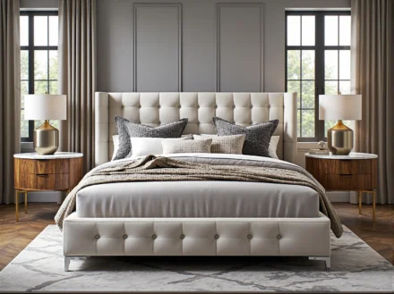 Łóżko kontynentalne tapicerowane kremowe z pikowanym zagłówkiem