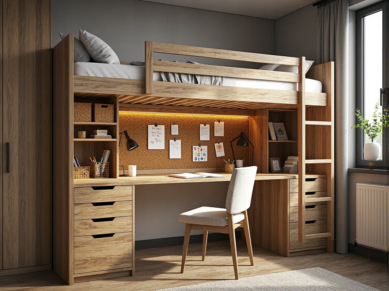 Łóżko piętrowe z biurkiem i szafą jako idealne rozwiązanie do pokoju ucznia