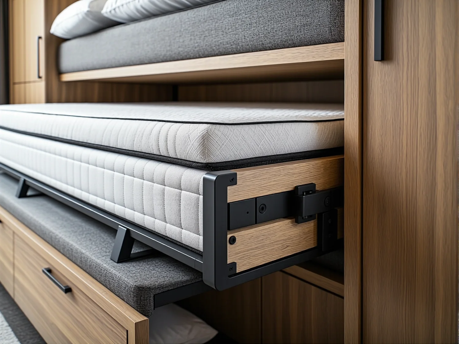 Pionowe łóżko chowane w szafie idealne do kawalerki, pozwalające oszczędzić miejsce