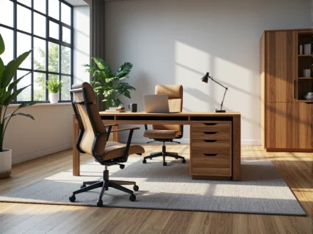 Eleganckie biurko dębowe z szufladami i fotelami biurowymi