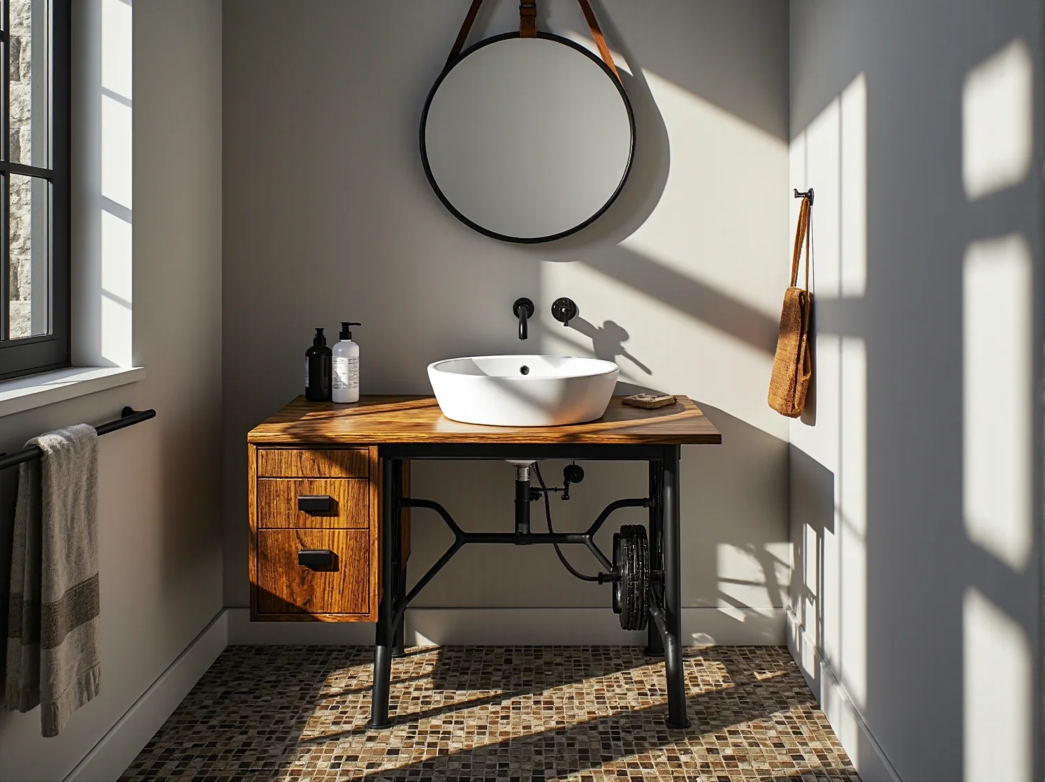 Lustro w ramie ze starego okna nad umywalką. Oryginalne dodatki do łazienki z materiałów recyklingowych.