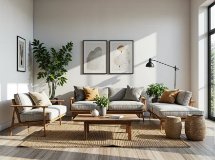 Szara sofa z drewnianą ramą i poduszkami dekoracyjnymi