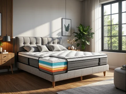 Materac hybrydowy z widocznym przekrojem warstw pianek i sprężyn