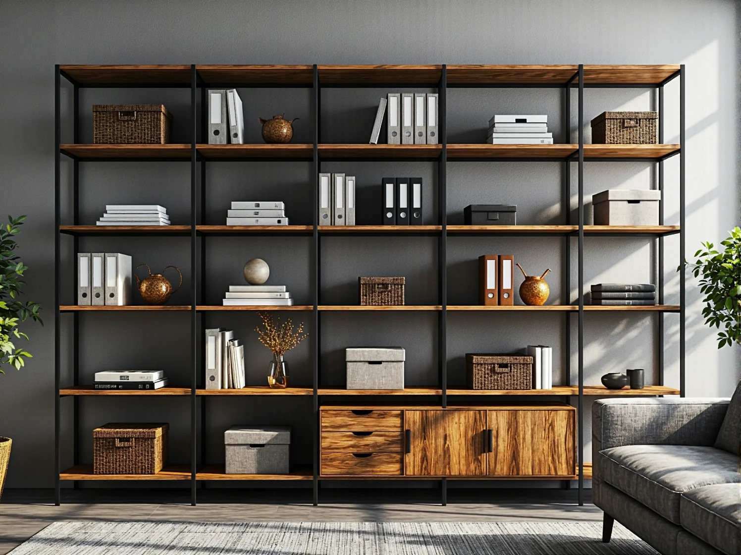 Funkcjonalny regał biurowy w stylu industrialnym z segregatorami i dokumentami