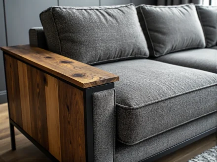 Nowoczesna sofa szara z drewnianym podłokietnikiem w stylu loft